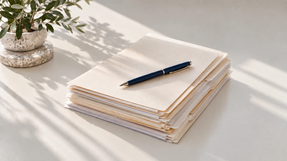 Sorgfältig geordnete Unterlagen mit einem blauen Stift