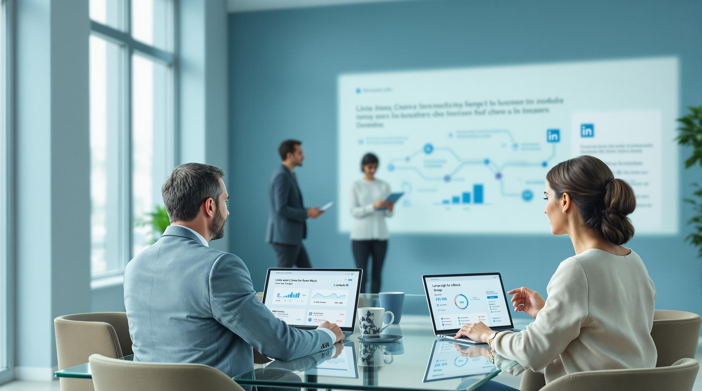 Marketing-Team analysiert Microsoft Advertising Kampagnendaten auf verschiedenen Geräten im modernen Büroumfeld