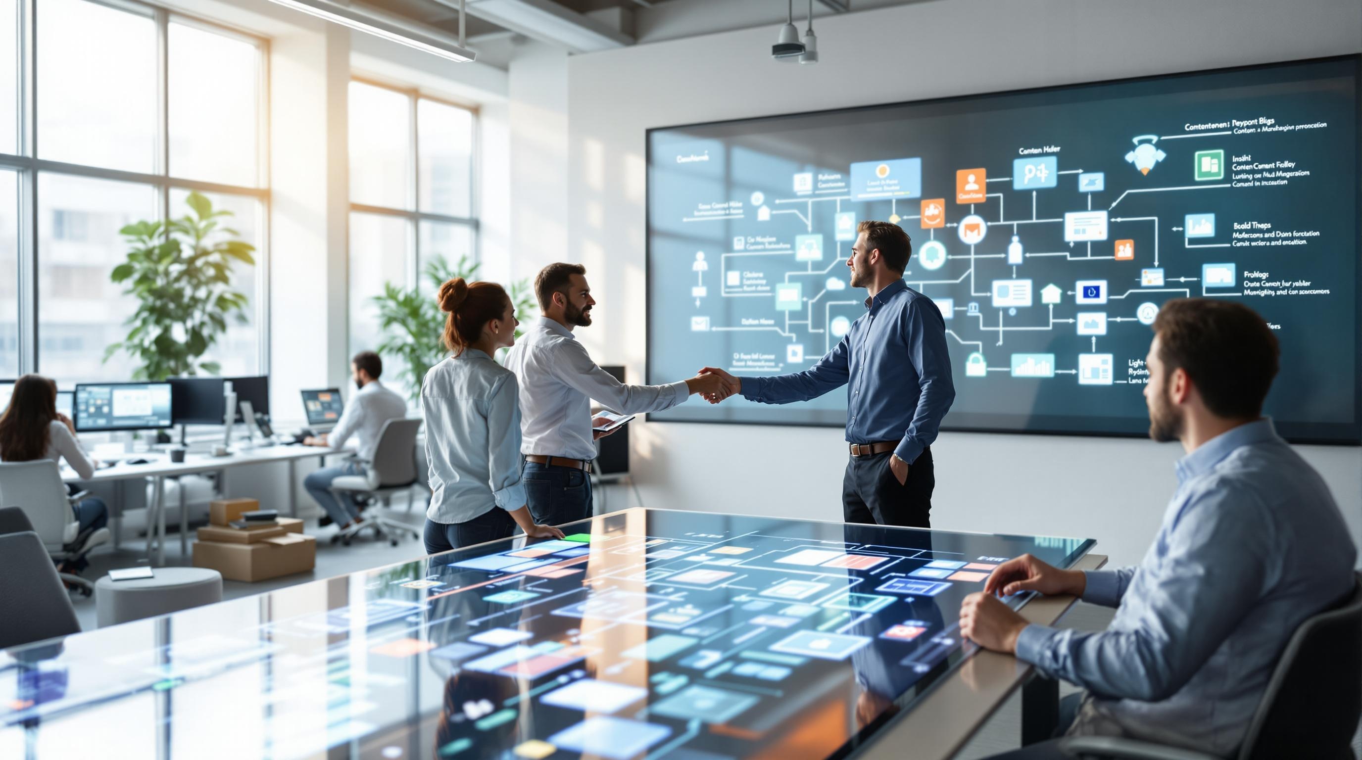 Moderne CMS-Lösungen für digitale Workflows: Team arbeitet kollaborativ an Content-Erstellung und Veröffentlichung