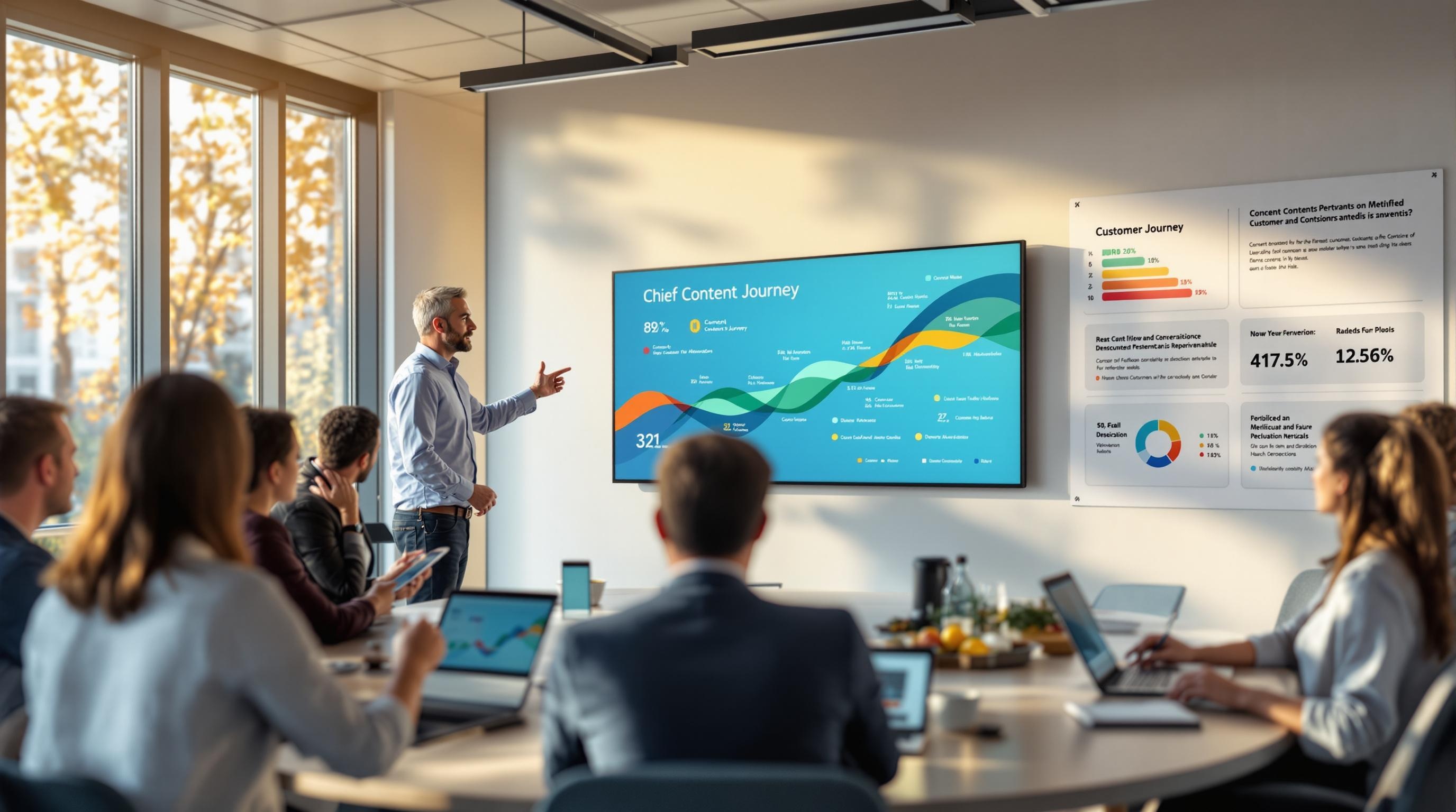 Content-Strategie mit messbarem ROI: Team analysiert Daten und plant strategischen Content
