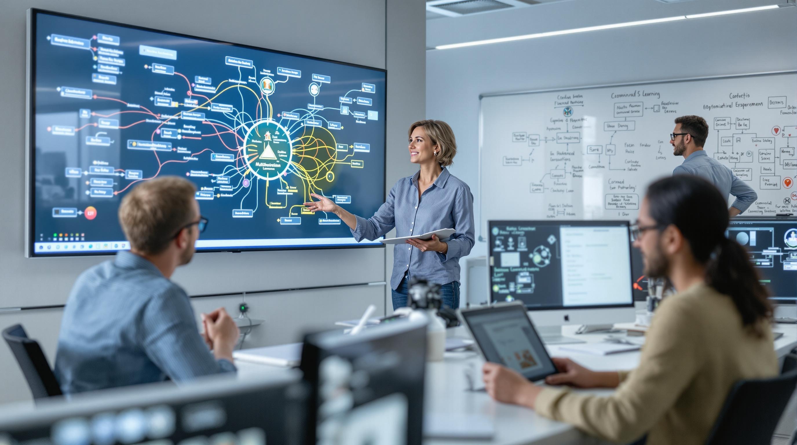 Wissenschaftliches E-Learning-Design mit verschiedenen Lernenden jeden Alters, die auf digitalen Geräten mit interaktiven Lernmodulen arbeiten. Visualisierte Darstellung von kognitiven Verarbeitungsprozessen und Wissensnetzwerken im Hintergrund, zeigt die Verbindung zwischen modernster Lerntheorie und digitaler Bildungstechnologie.