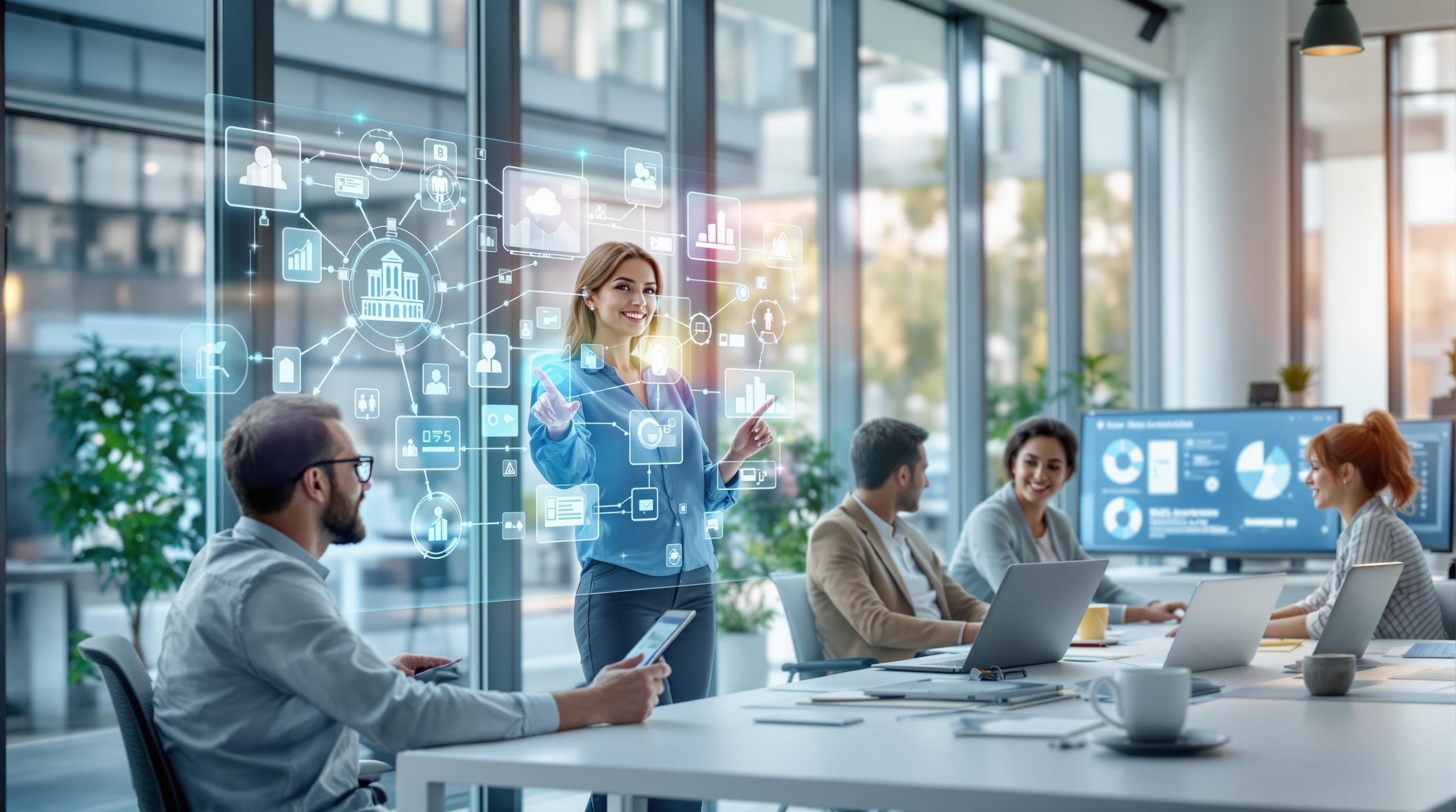 Diverse Teams aus Fachexperten unterschiedlicher Abteilungen arbeiten produktiv mit modernen ECM-Systemen - Mitarbeiter verschiedener Altersgruppen und Ethnien analysieren, organisieren und teilen Unternehmensinformationen an vernetzten digitalen Arbeitsplätzen mit visualisierten Dokumentenflüssen und Workflow-Prozessen auf großen Bildschirmen