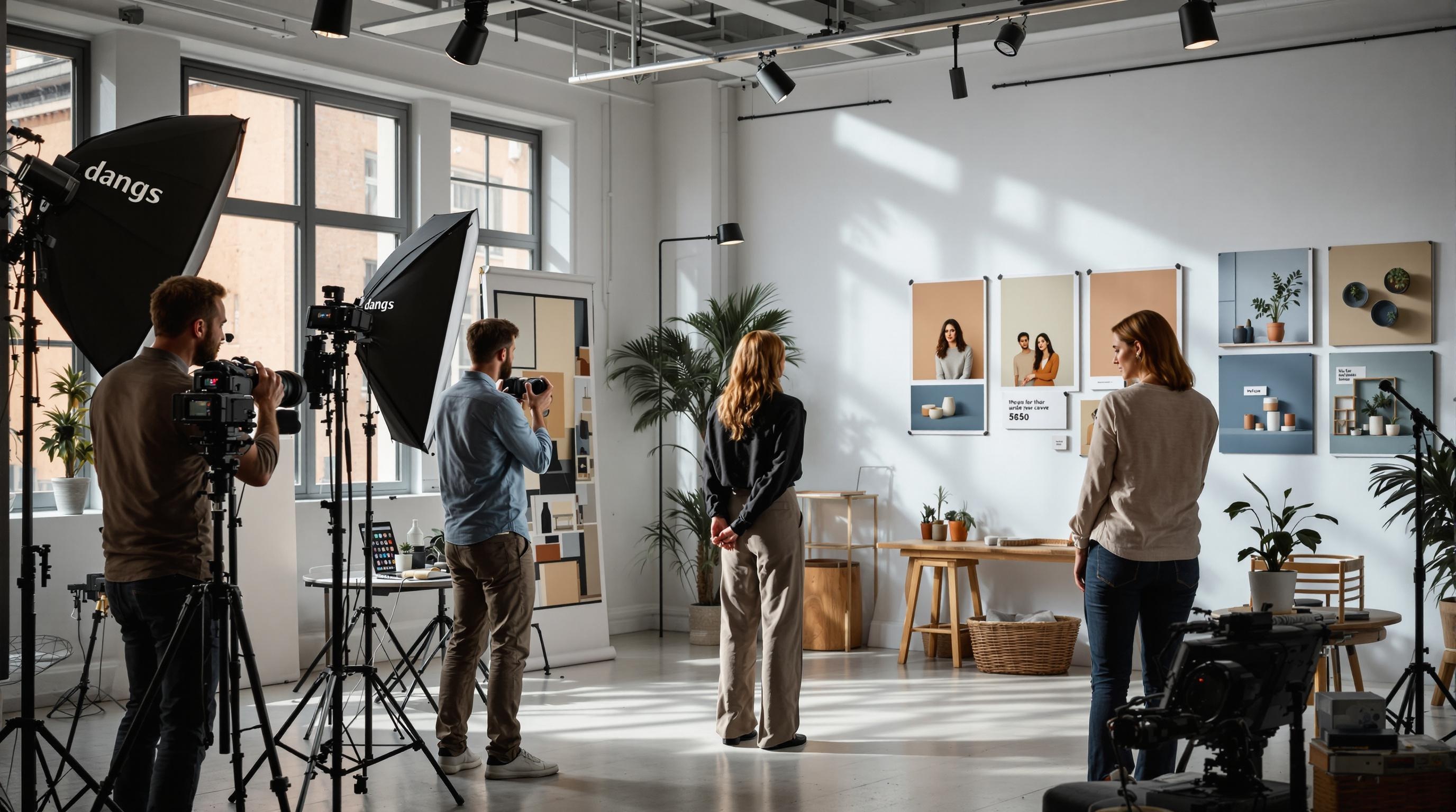 Professioneller Fotograf bei der Arbeit, umgeben von einem Marketingteam, das die Bilder für eine Unternehmenswebsite auswertet