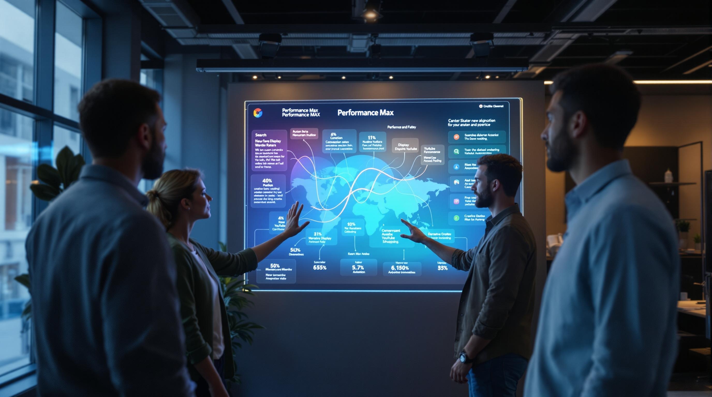 Marketingexperten analysieren Performance Max Kampagnendaten und KI-gesteuerte Optimierungsstrategien auf mehreren Bildschirmen