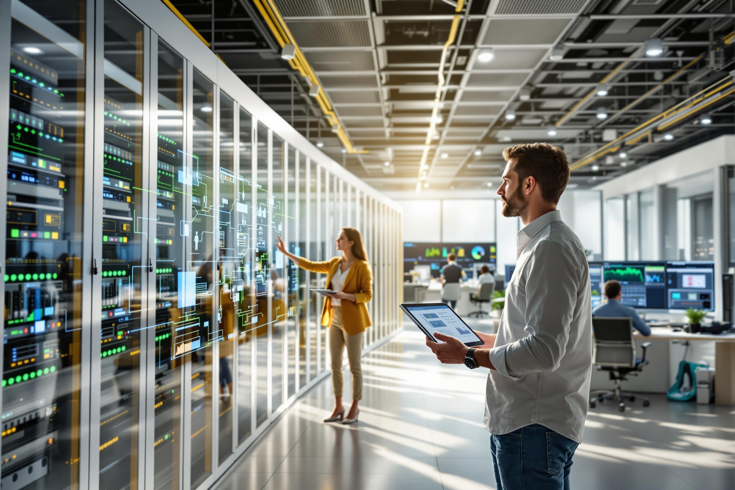 Ein IT-Team überwacht einen modernen Serverraum mit Monitoring-Displays und Serverhardware