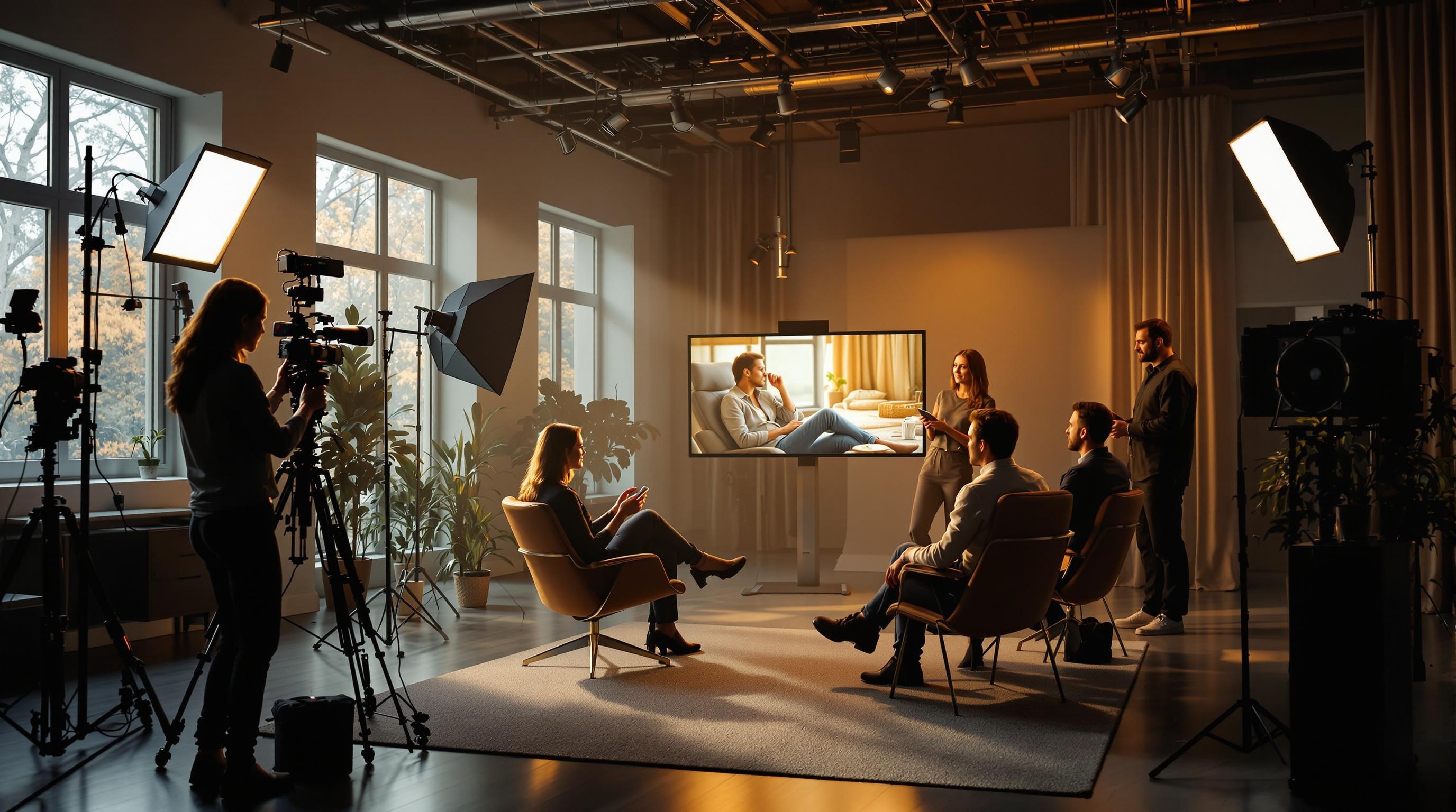 Filmteam bei der Produktion eines Imagefilms mit Regisseur, Kameramann und Schauspielern in einem emotionalen Storytelling-Setting