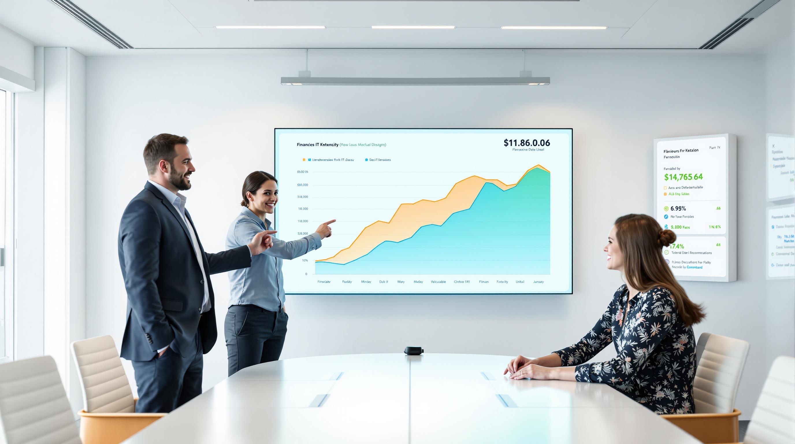 IT-Kostenplanung: Geschäftsleute analysieren transparente IT-Budgetmodelle und Finanzprognosen