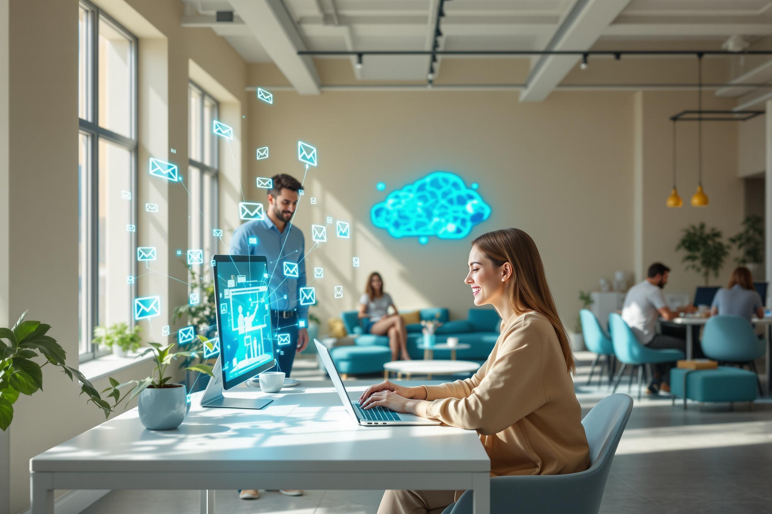 Diverse Gruppe von Geschäftsleuten verschiedener Altersgruppen und Ethnien arbeitet produktiv mit KI-E-Mail-Assistenten - Bildschirme zeigen intelligente E-Mail-Sortierung, Priorisierung und automatische Antwortvorschläge in einer vernetzten digitalen Büroumgebung, während Nutzer entspannt ihre Kommunikation verwalten