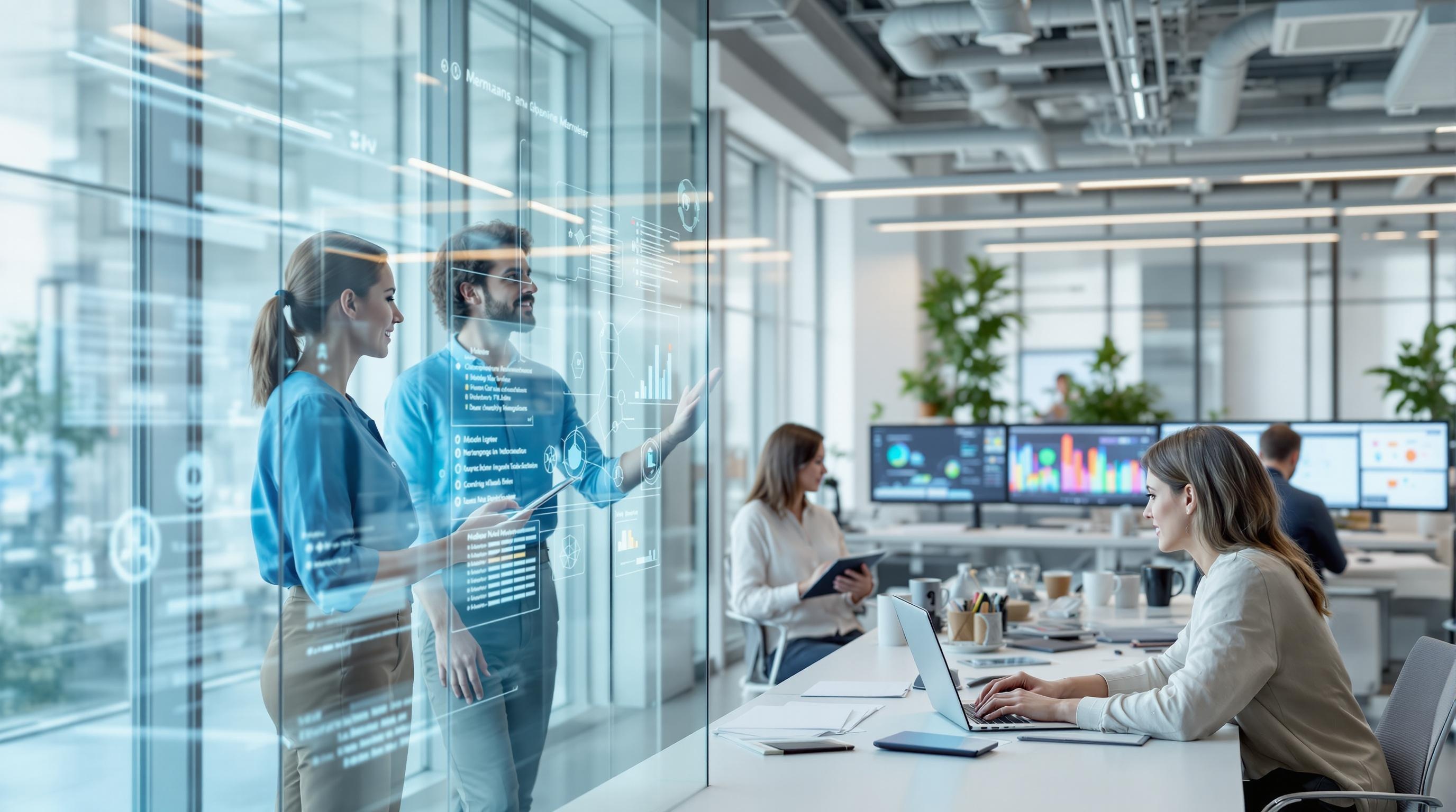 Diverse Gruppe von Mitarbeitern verschiedener Altersgruppen und Ethnien arbeitet kollaborativ mit einem modernen Lernmanagement-System (LMS) - Bildschirme zeigen personalisierte Lernpfade, Kompetenzanalysen und interaktive Trainingsmodule in einer vernetzten digitalen Lernumgebung, die das organisationale Lernen neu definiert