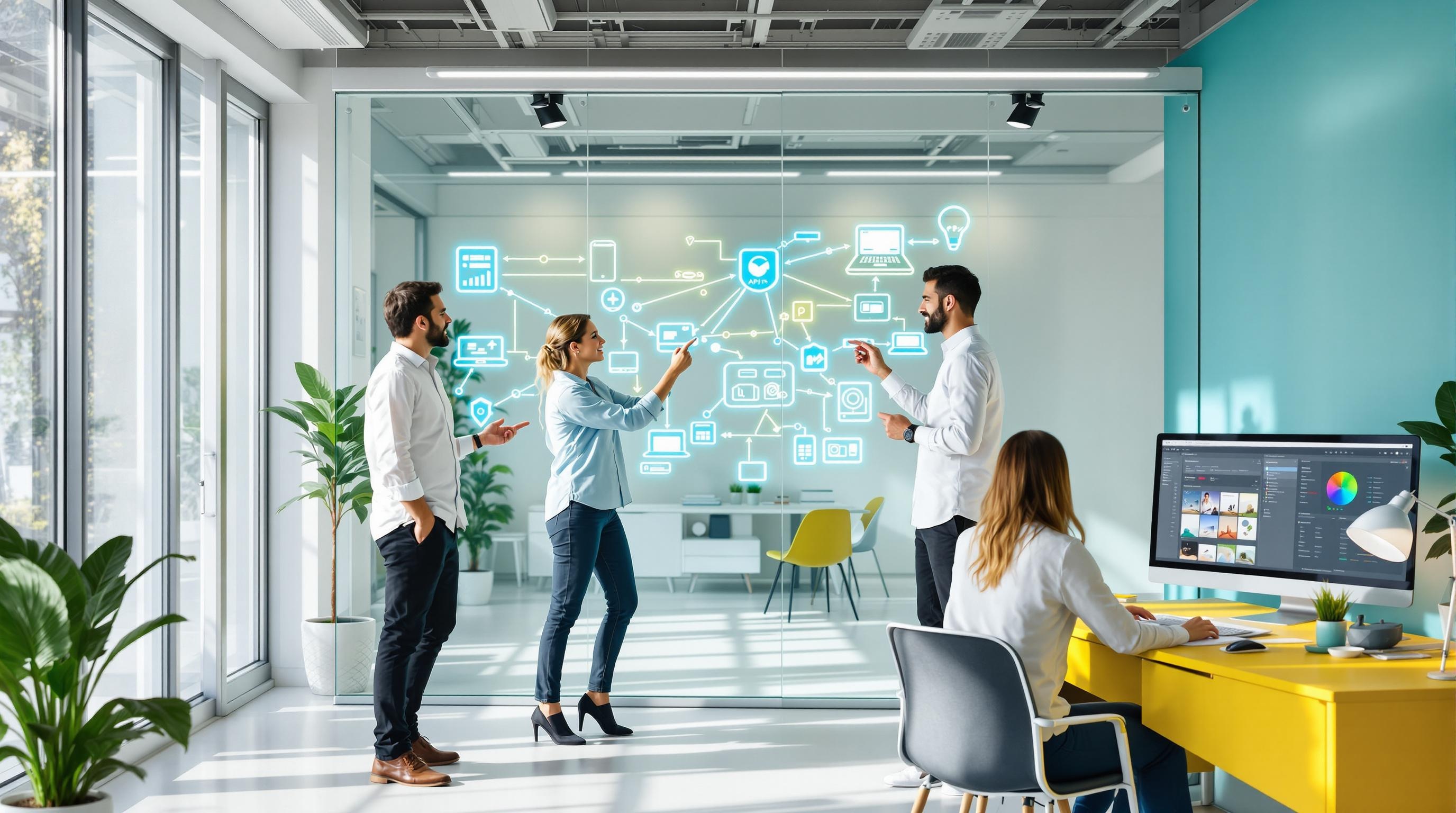 Ein IT-Team arbeitet an API-Integrationsprojekten mit Datenflussvisualisierungen und Systemdiagrammen