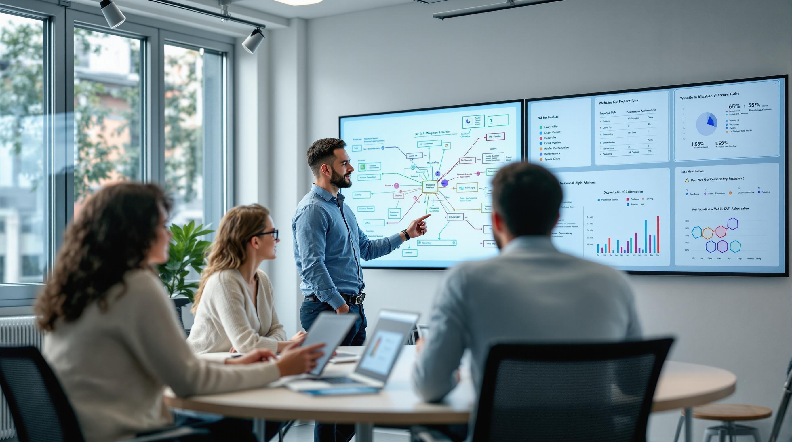 SEO-Experten und Website-Entwickler arbeiten gemeinsam an einer Relaunch-Strategie mit Fokus auf Sichtbarkeitserhalt