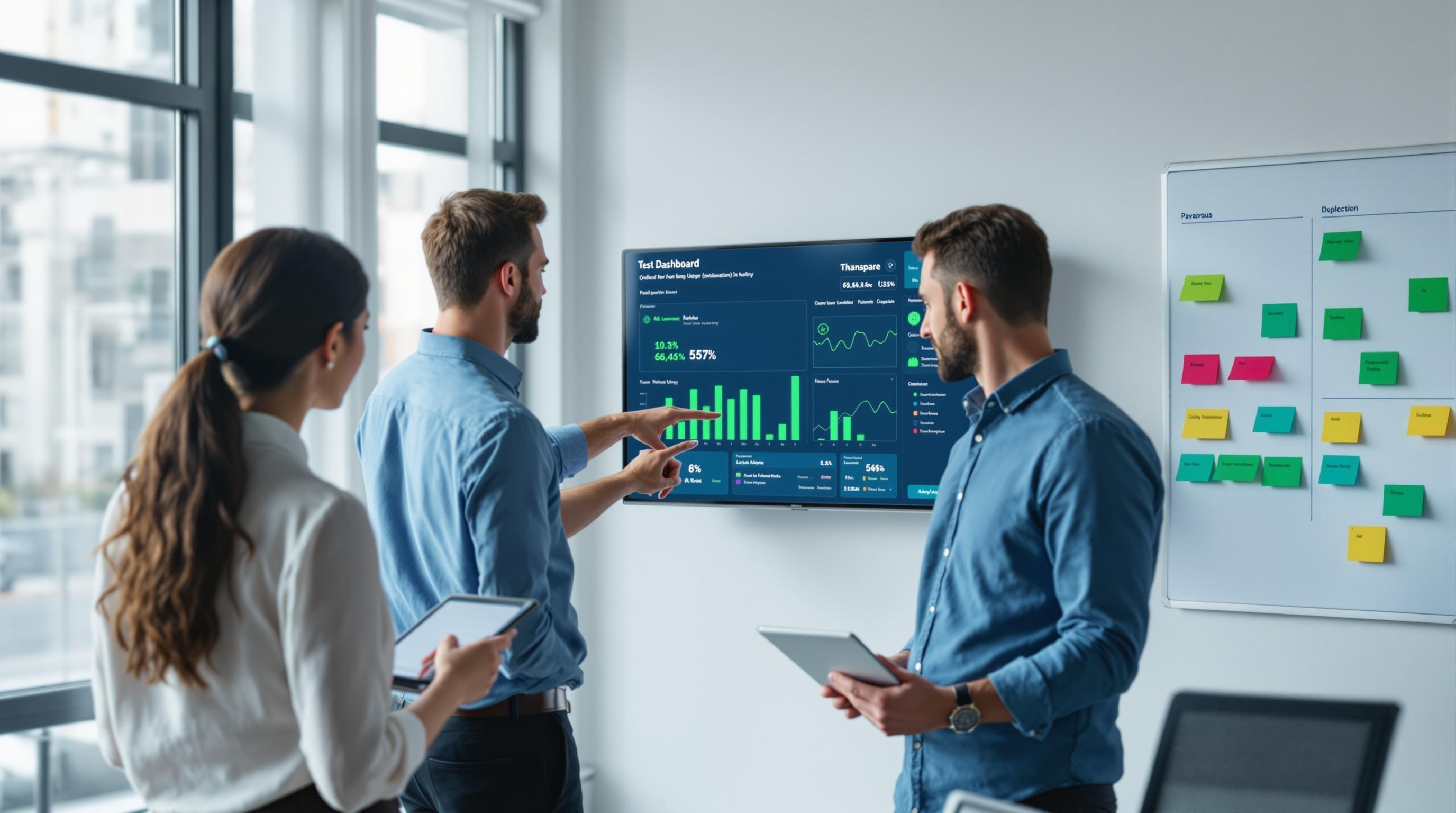 Ein professionelles QA-Team arbeitet im Testraum mit Testautomatisierung und Qualitätsmetriken an Monitoren