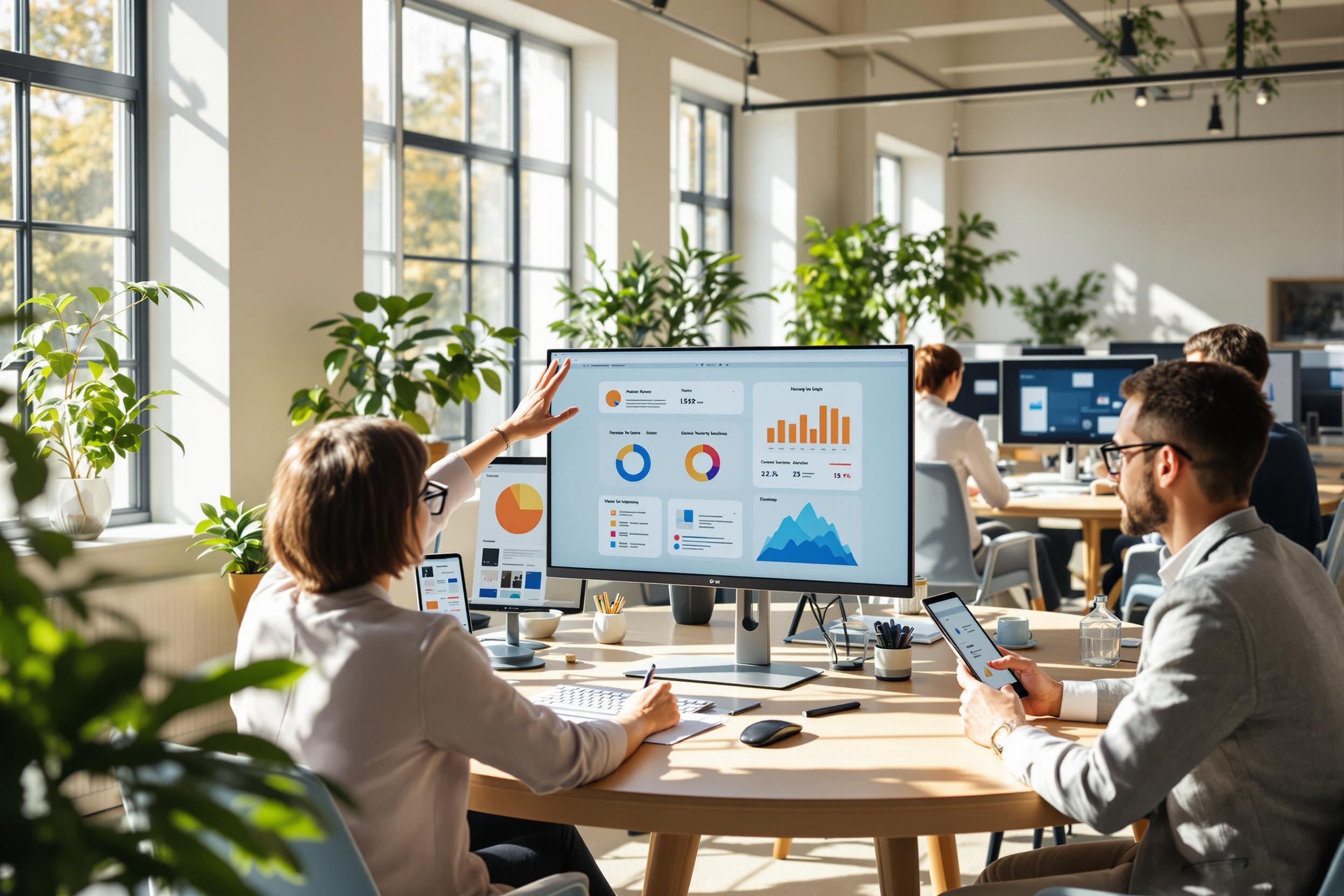 Ein vielfältiges Team von Webdesignern arbeitet gemeinsam an responsiven Website-Designs für verschiedene Geräte